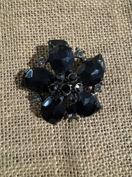 Vintage Liz & Co Black Rhinestone Flower Brooch