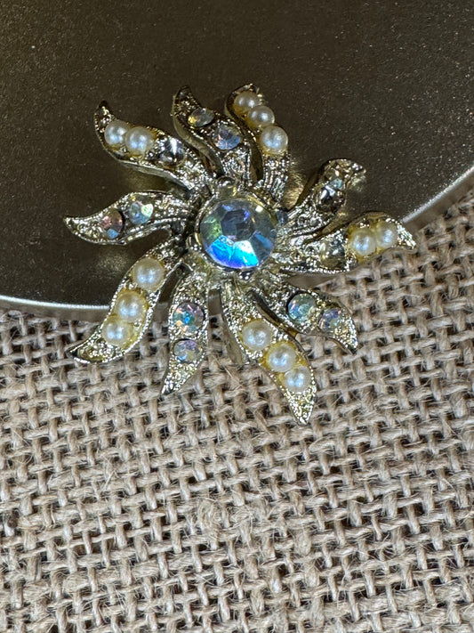 Vintage Starburst Brooch with Aurora Borealis Rhinestones and Faux Pearls