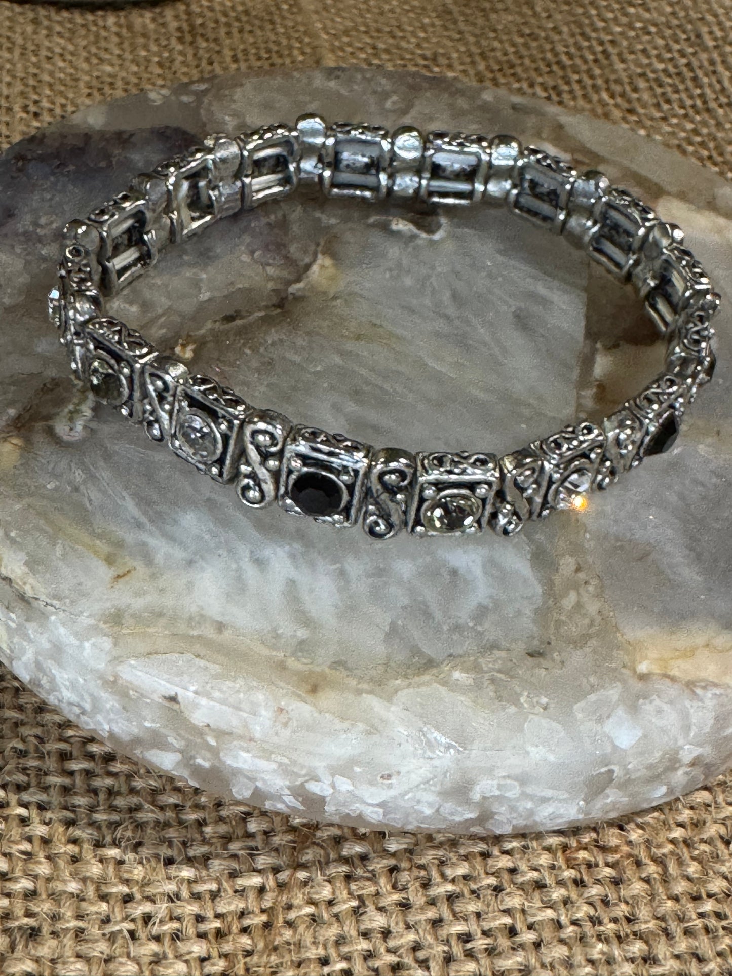 Vintage Silver-Tone Stretch Bracelet with Black, Gray, and Clear Stones