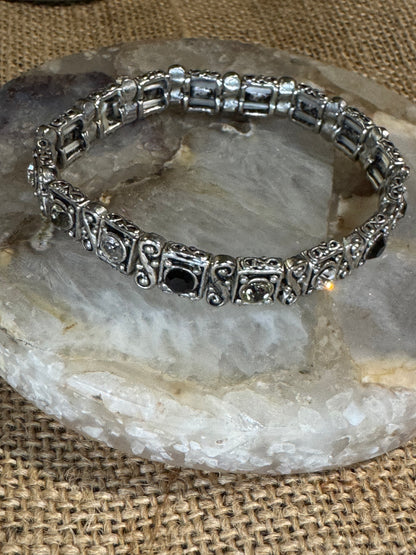 Vintage Silver-Tone Stretch Bracelet with Black, Gray, and Clear Stones