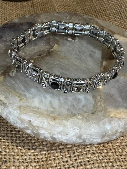 Vintage Silver-Tone Stretch Bracelet with Black, Gray, and Clear Stones