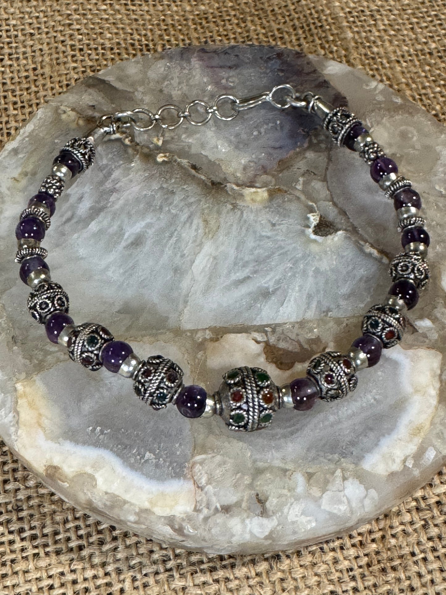 Handcrafted Amethyst Bead Bracelet with Sterling Silver Accents