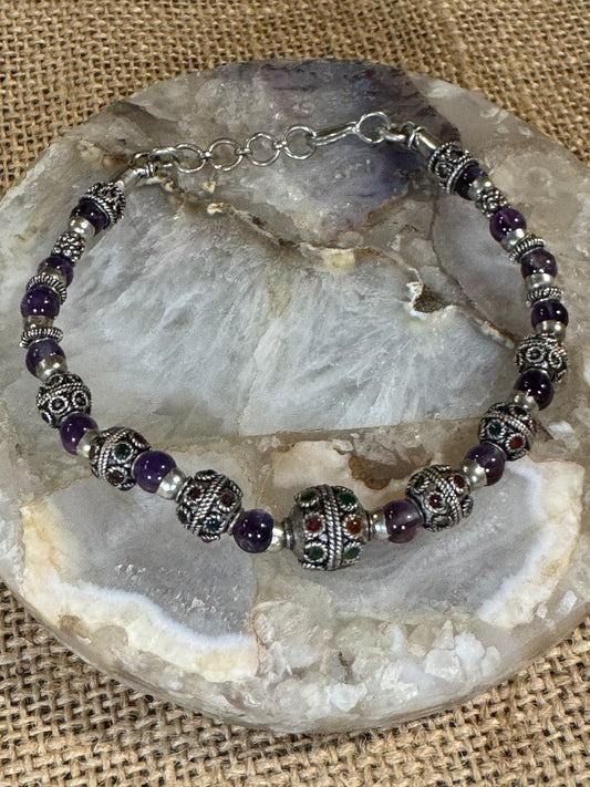 Handcrafted Amethyst Bead Bracelet with Sterling Silver Accents