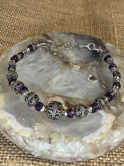 Handcrafted Amethyst Bead Bracelet with Sterling Silver Accents