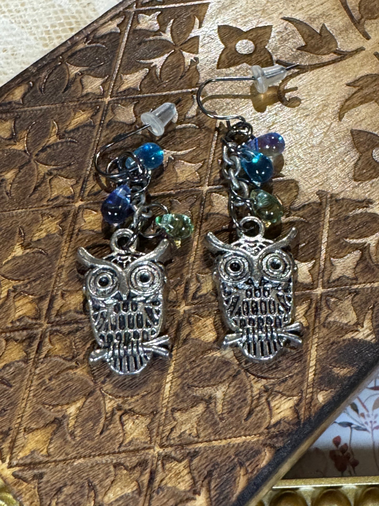 Silver-Tone Owl Dangle Earrings with Blue & Green Glass Beads