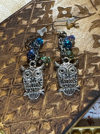 Silver-Tone Owl Dangle Earrings with Blue & Green Glass Beads