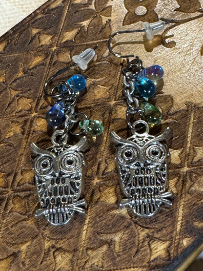 Silver-Tone Owl Dangle Earrings with Blue & Green Glass Beads