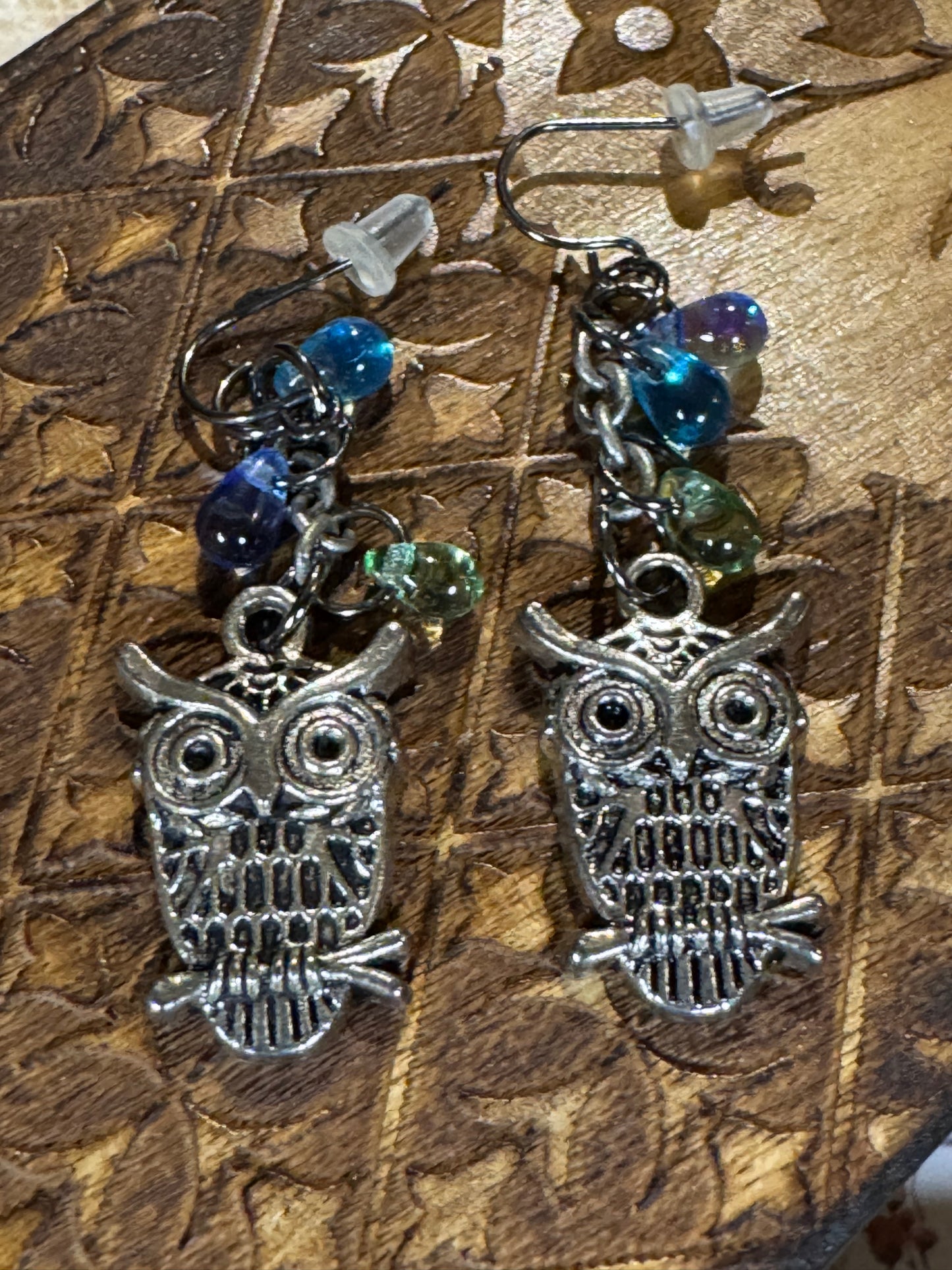 Silver-Tone Owl Dangle Earrings with Blue & Green Glass Beads