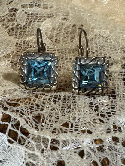 Vintage Silver Tone Aqua Blue Crystal Leverback Earrings