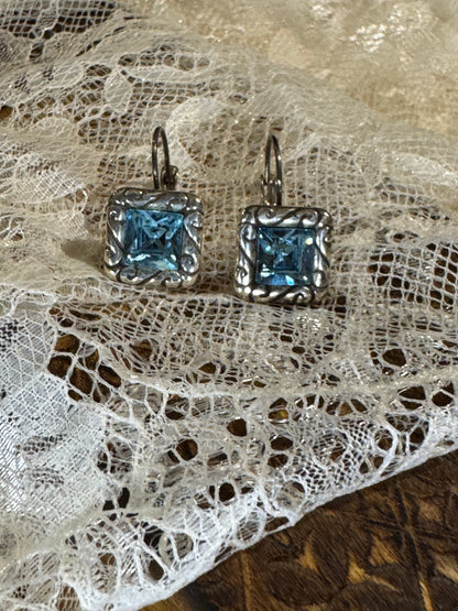 Vintage Silver Tone Aqua Blue Crystal Leverback Earrings