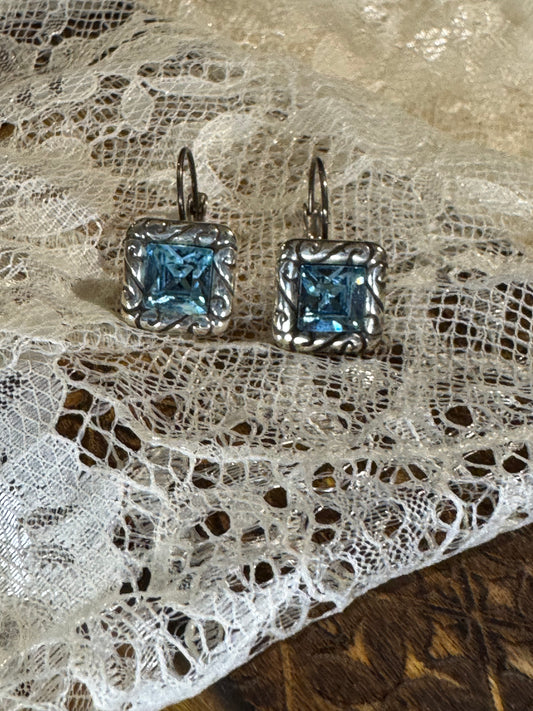 Vintage Silver Tone Aqua Blue Crystal Leverback Earrings