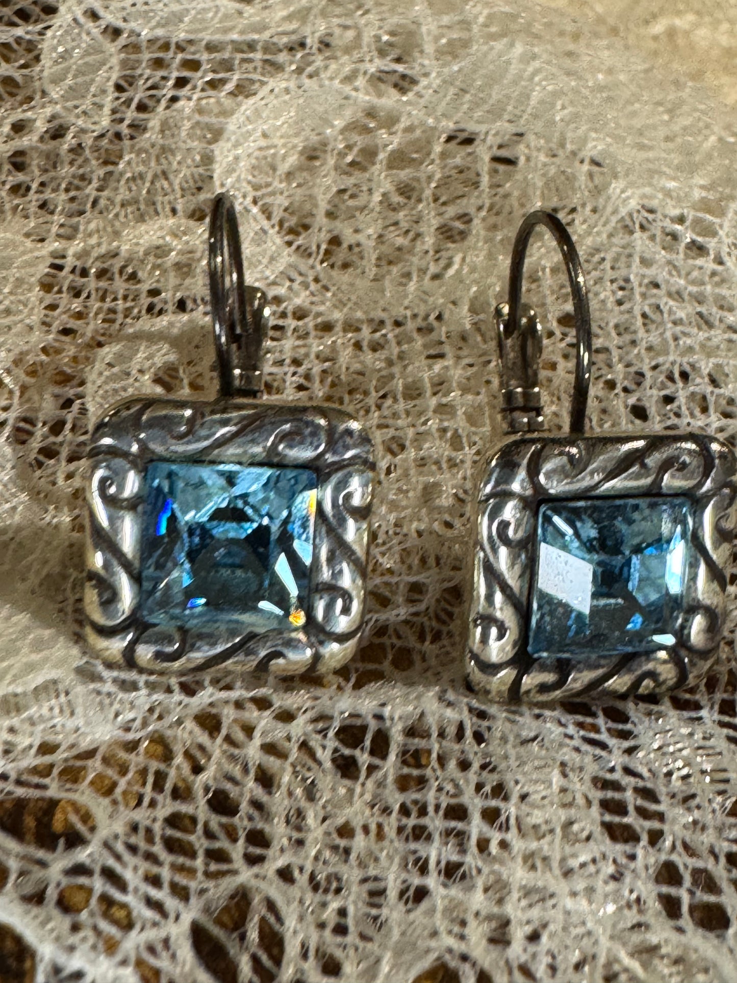 Vintage Silver Tone Aqua Blue Crystal Leverback Earrings