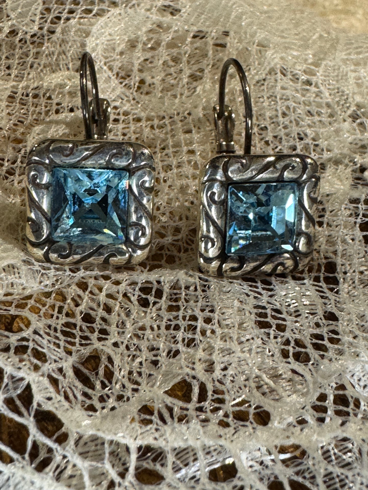 Vintage Silver Tone Aqua Blue Crystal Leverback Earrings