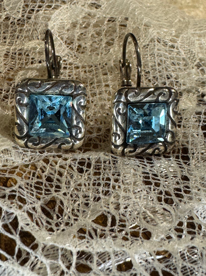 Vintage Silver Tone Aqua Blue Crystal Leverback Earrings