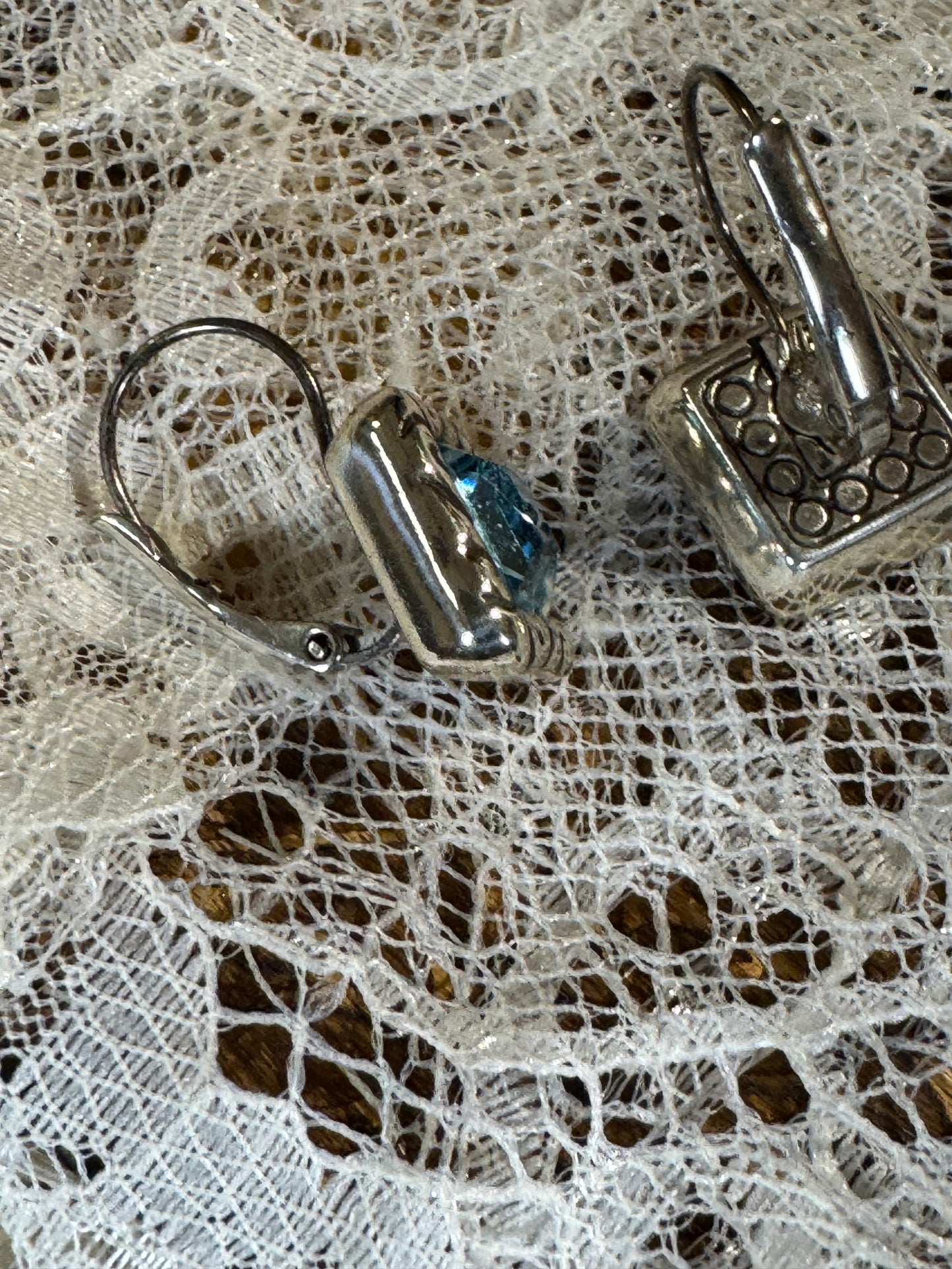 Vintage Silver Tone Aqua Blue Crystal Leverback Earrings
