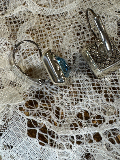 Vintage Silver Tone Aqua Blue Crystal Leverback Earrings