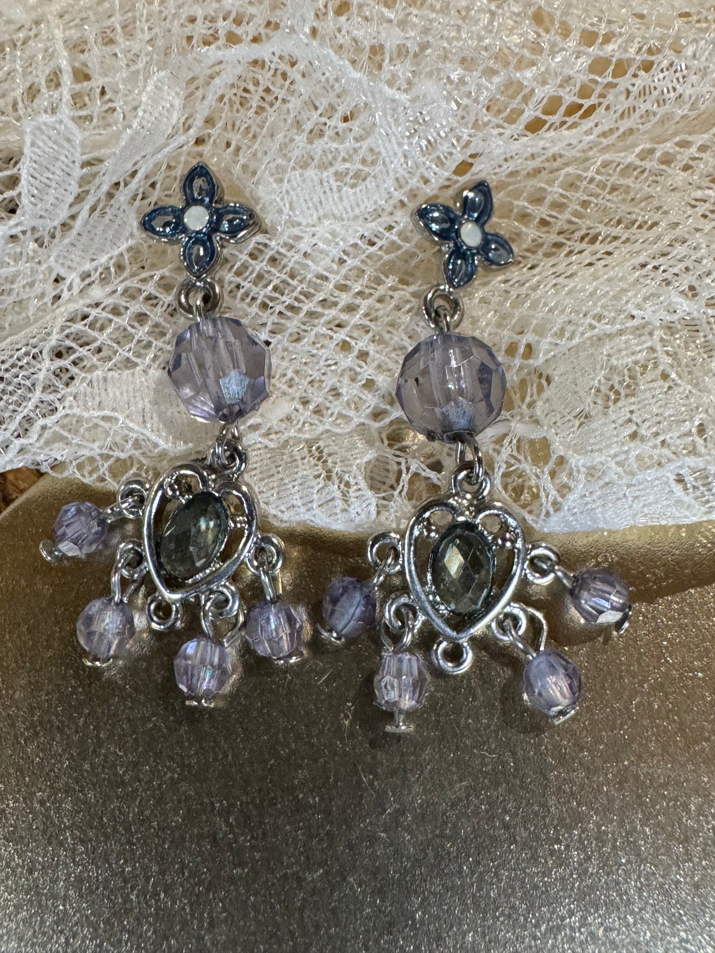 Silver-Tone Waterfall Drop Earrings with Purple Beads and Grey Heart Stone
