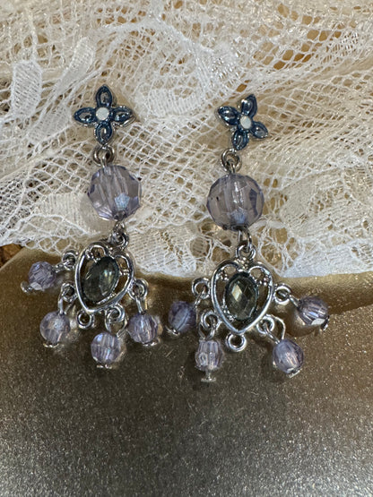Silver-Tone Waterfall Drop Earrings with Purple Beads and Grey Heart Stone