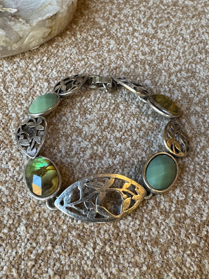 Vintage-Style Silver-Tone Green Stone Link Bracelet