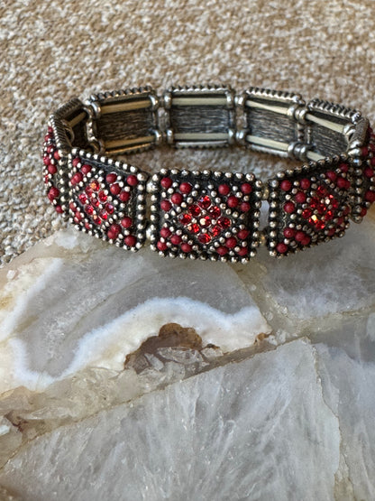 Vintage Stretch Bracelet with Red Crystal Panels
