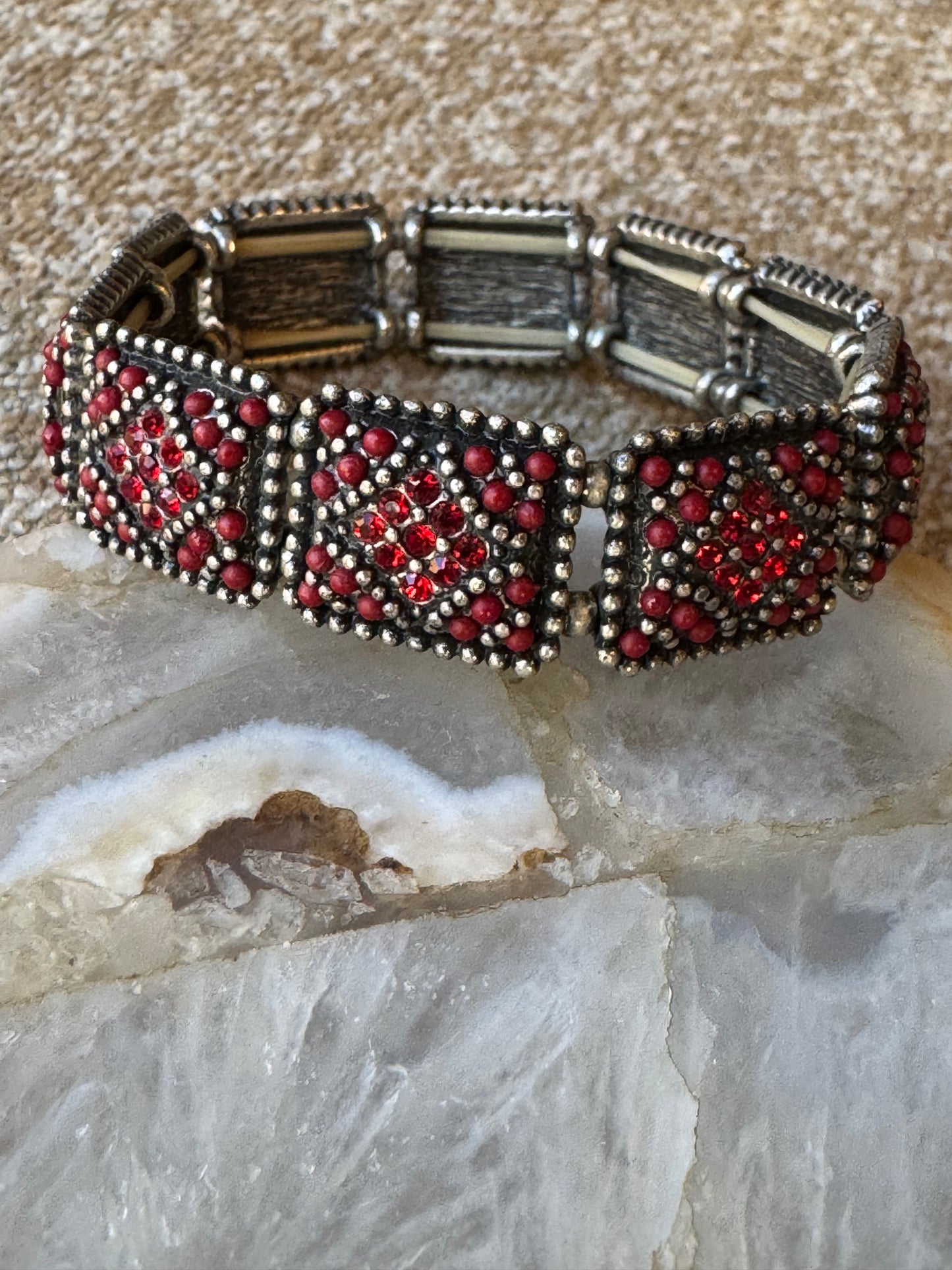 Vintage Stretch Bracelet with Red Crystal Panels