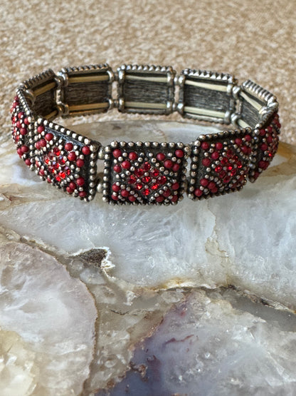 Vintage Stretch Bracelet with Red Crystal Panels