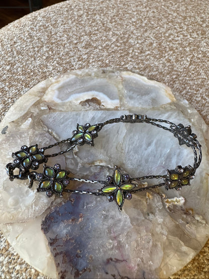 Vintage Black Chain Bracelet with Light Green Rhinestone Flowers