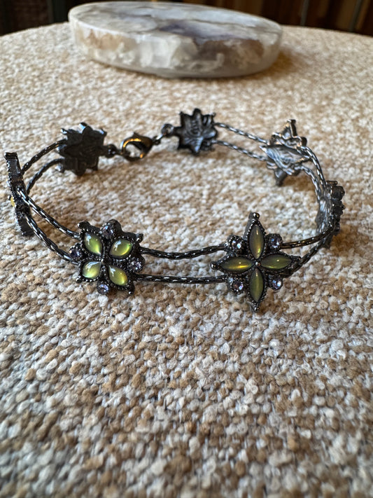 Vintage Black Chain Bracelet with Light Green Rhinestone Flowers