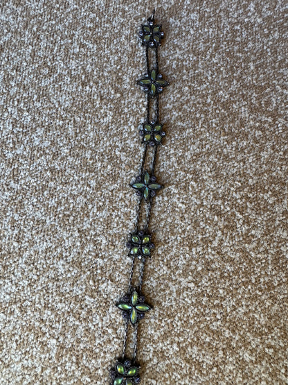 Vintage Black Chain Bracelet with Light Green Rhinestone Flowers
