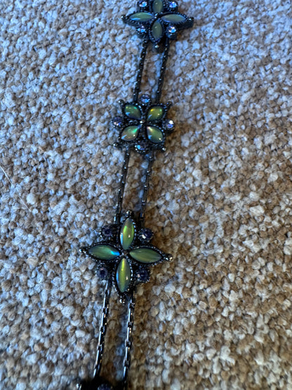 Vintage Black Chain Bracelet with Light Green Rhinestone Flowers