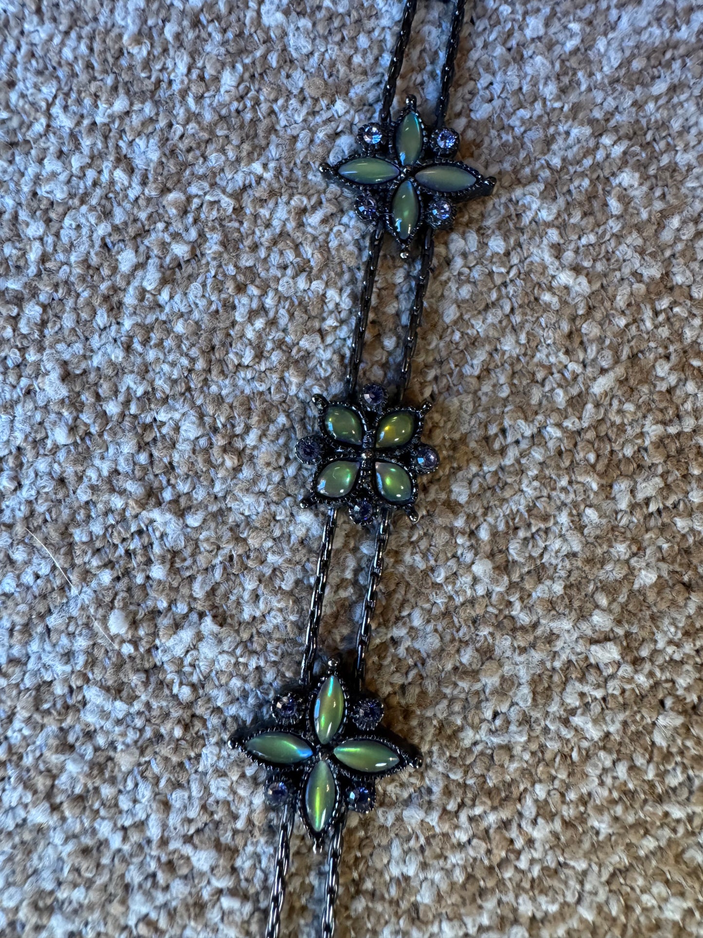 Vintage Black Chain Bracelet with Light Green Rhinestone Flowers
