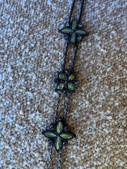 Vintage Black Chain Bracelet with Light Green Rhinestone Flowers