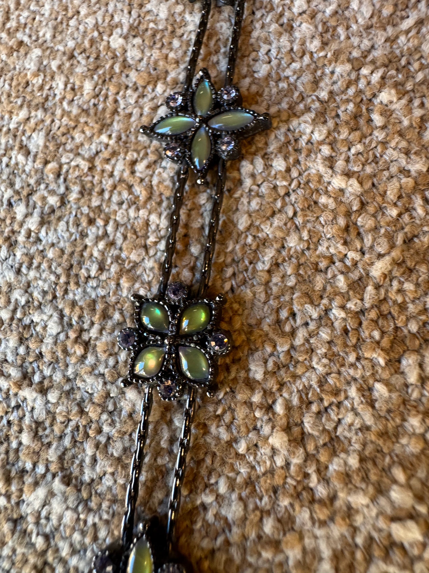 Vintage Black Chain Bracelet with Light Green Rhinestone Flowers
