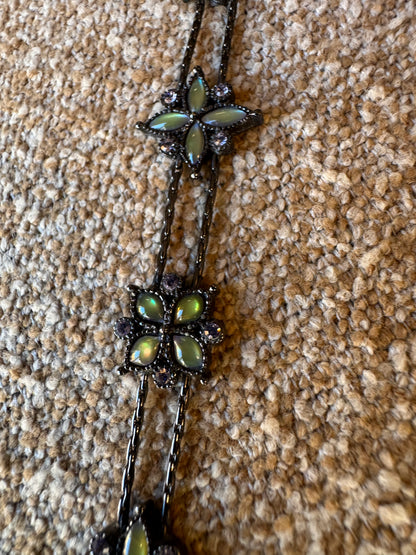 Vintage Black Chain Bracelet with Light Green Rhinestone Flowers