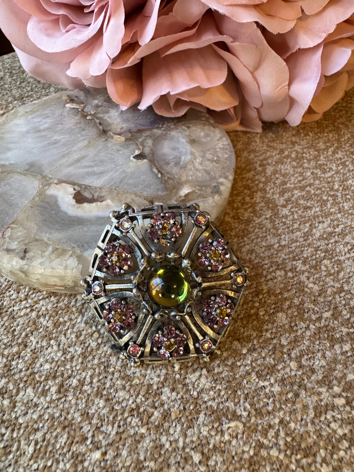 Vintage Rhinestone Flower Mandala Brooch