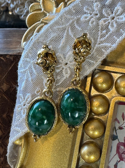 Vintage Gold-Tone Drop Earrings with Green Cabochons