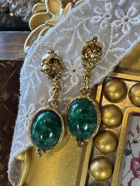 Vintage Gold-Tone Drop Earrings with Green Cabochons