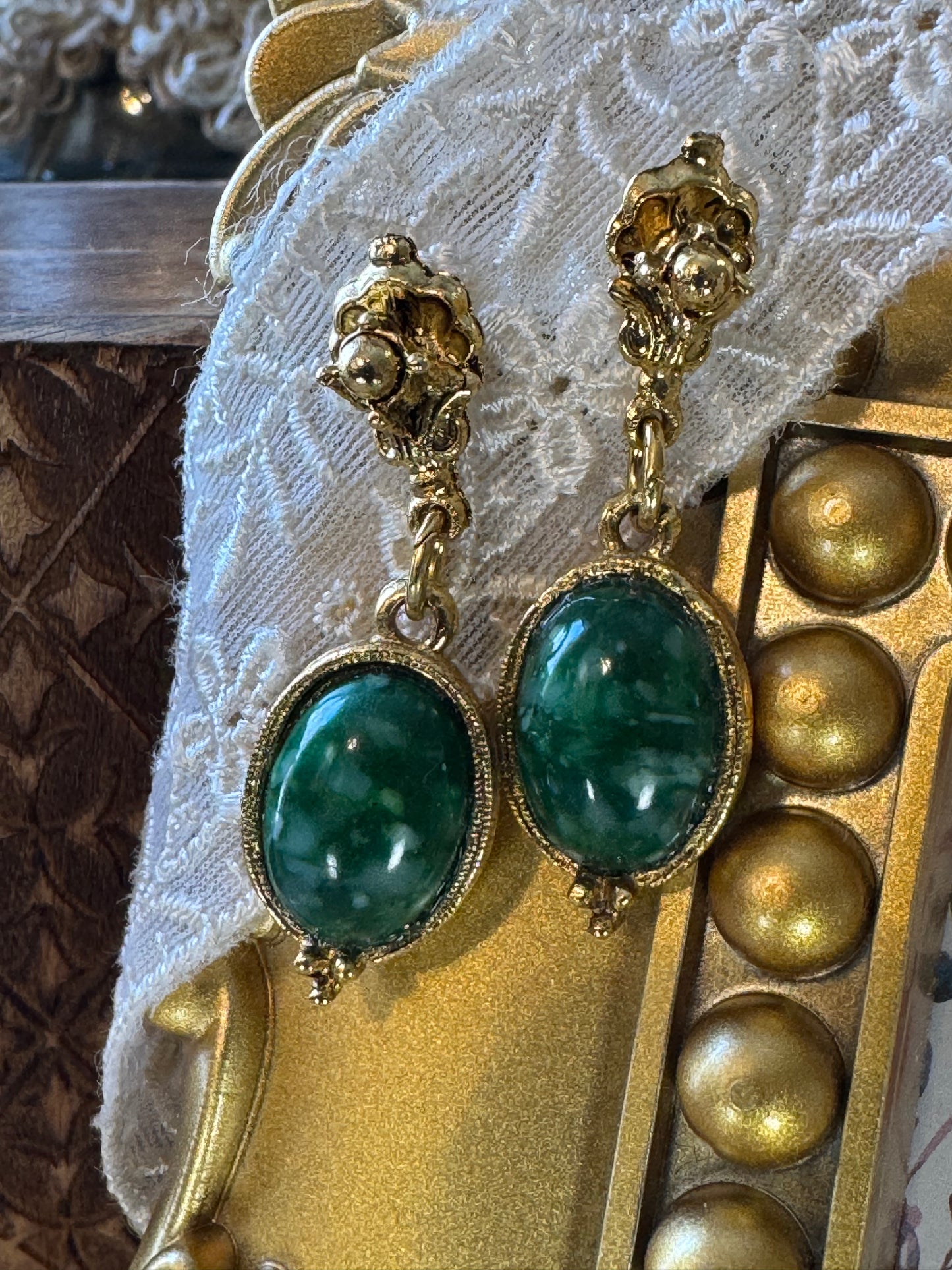 Vintage Gold-Tone Drop Earrings with Green Cabochons