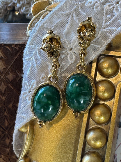 Vintage Gold-Tone Drop Earrings with Green Cabochons