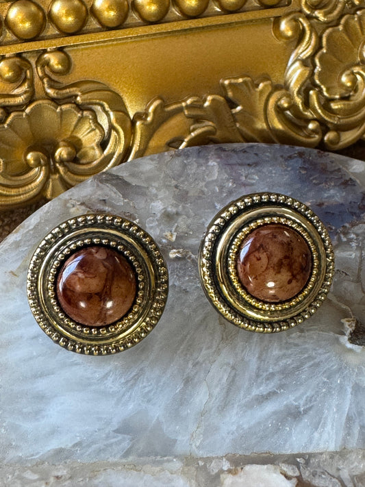 Vintage-Style Round Stud Earrings with Earth-Tone Cabochons
