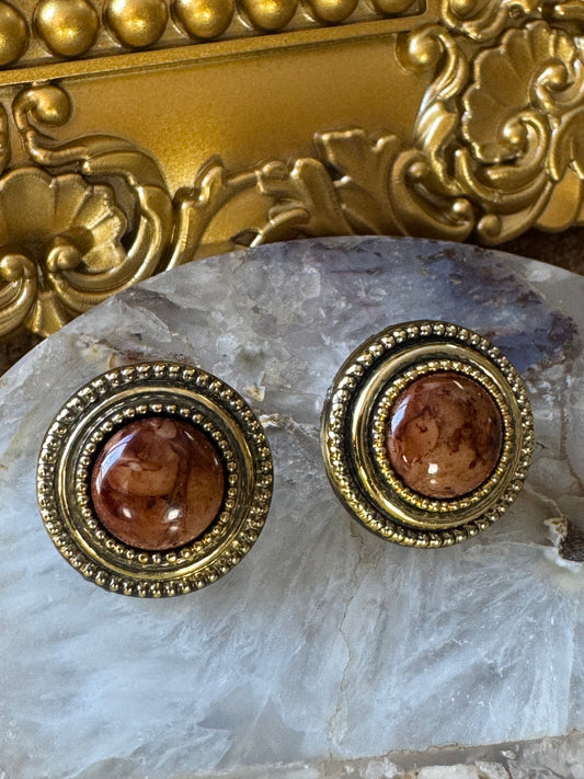 Vintage-Style Round Stud Earrings with Earth-Tone Cabochons
