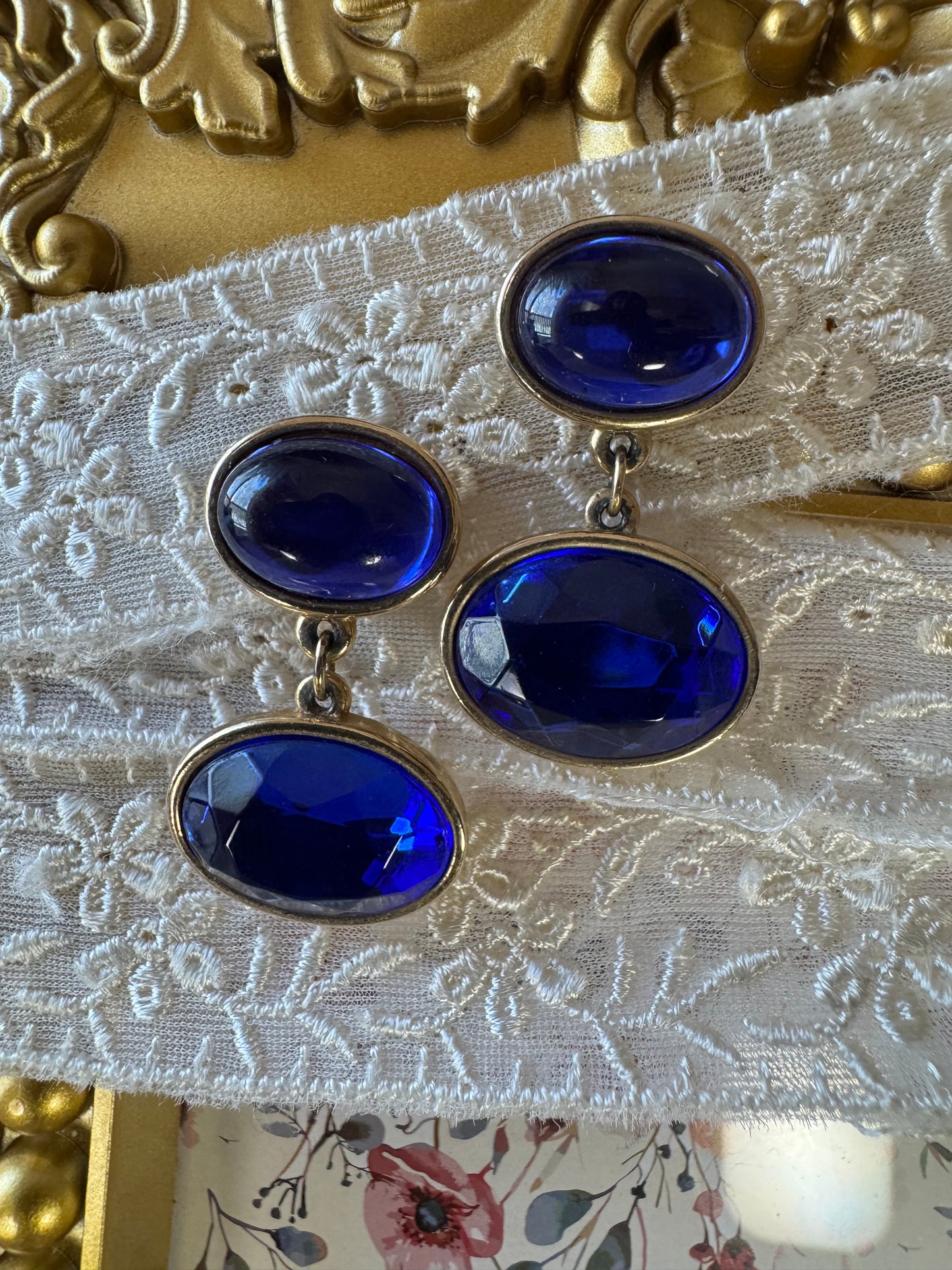 Vintage Gold-Tone Blue Crystal Drop Earrings 1980s Style
