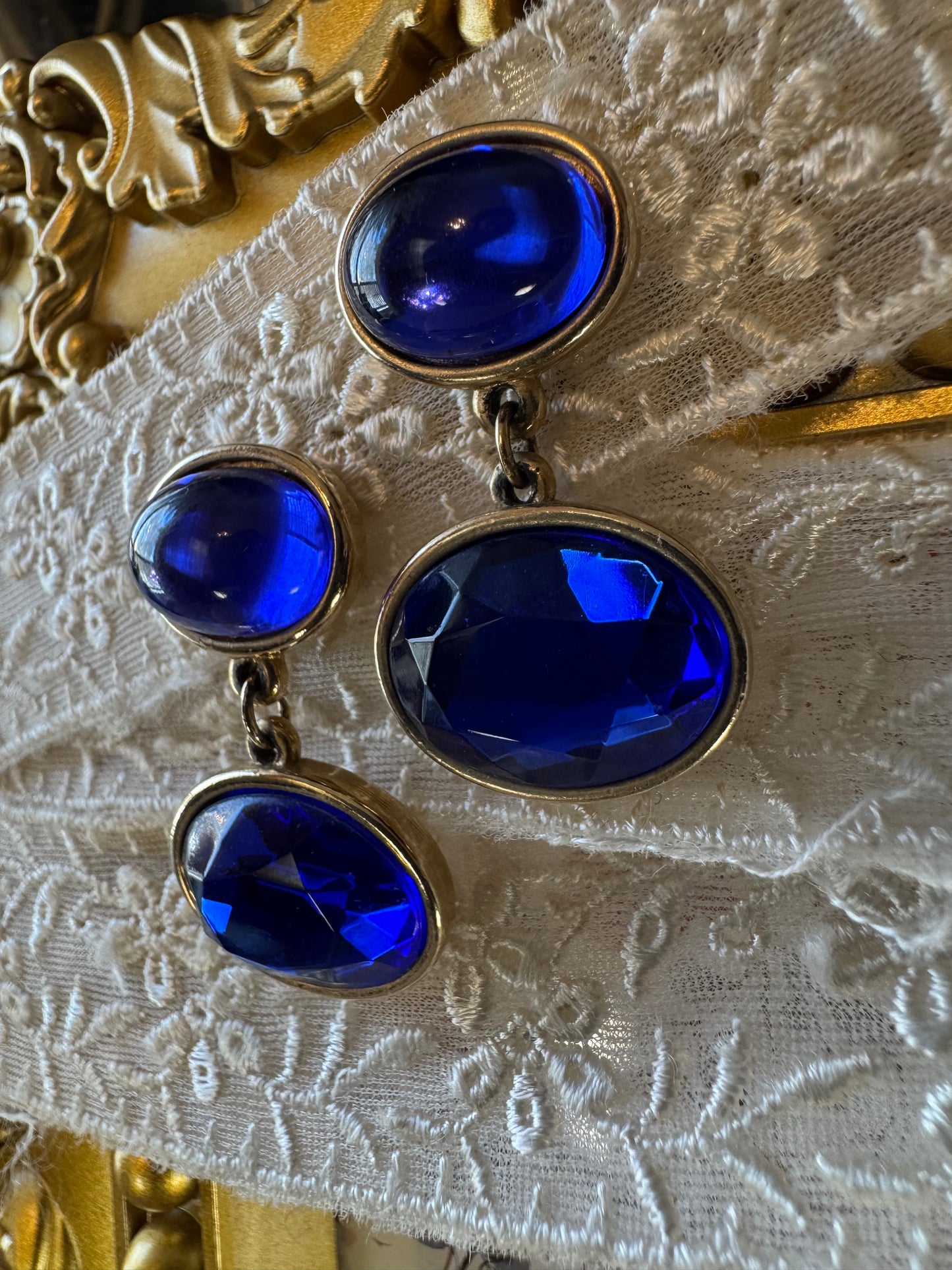 Vintage Gold-Tone Blue Crystal Drop Earrings 1980s Style