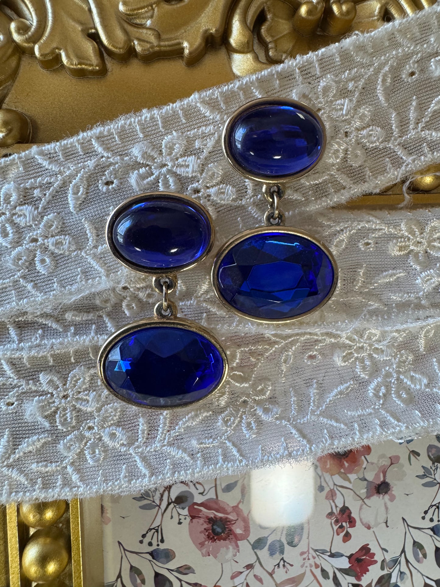Vintage Gold-Tone Blue Crystal Drop Earrings 1980s Style