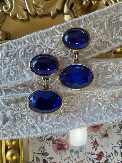Vintage Gold-Tone Blue Crystal Drop Earrings 1980s Style