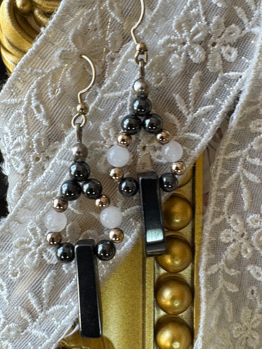 Hematite and White Bead Dangle Earrings