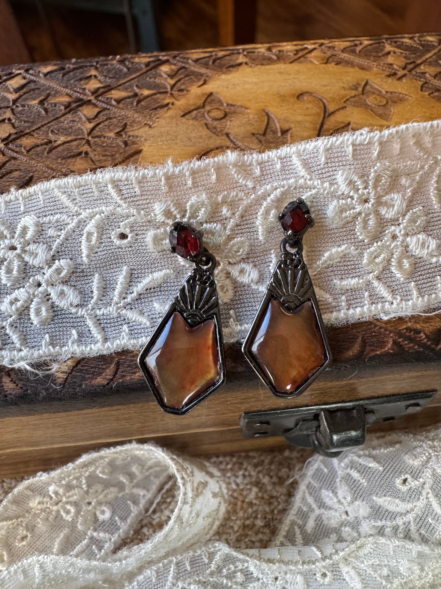Vintage-Style Art Deco Amber Glass Dangle Earrings