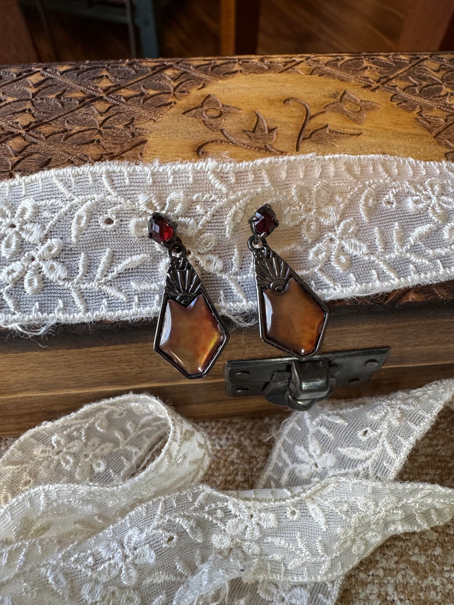 Vintage-Style Art Deco Amber Glass Dangle Earrings