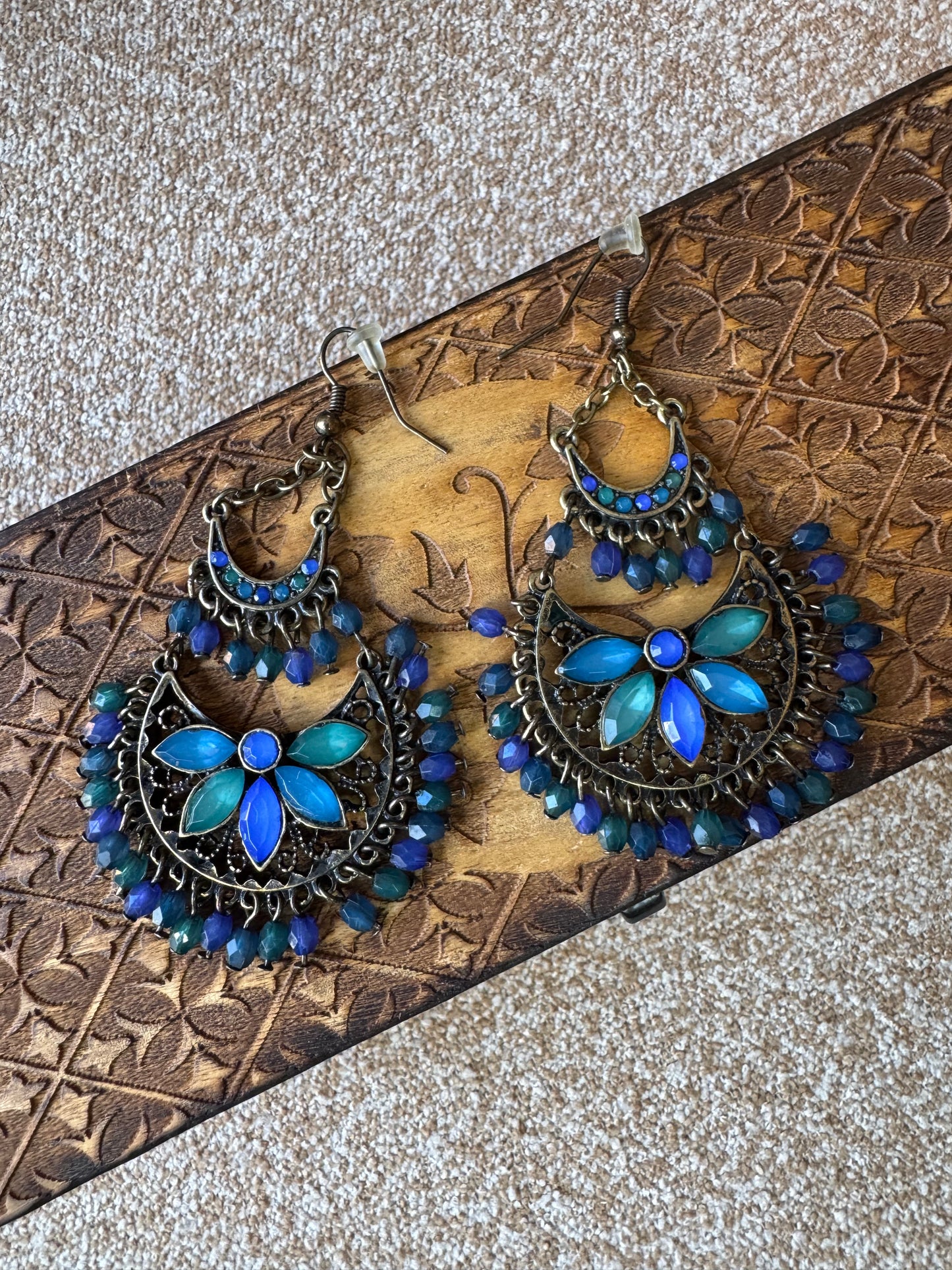 Bohemian-Style Teal & Blue Crystal Chandelier Earrings