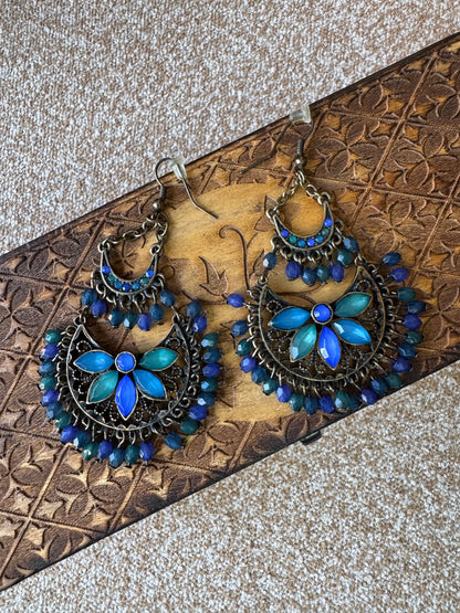 Bohemian-Style Teal & Blue Crystal Chandelier Earrings